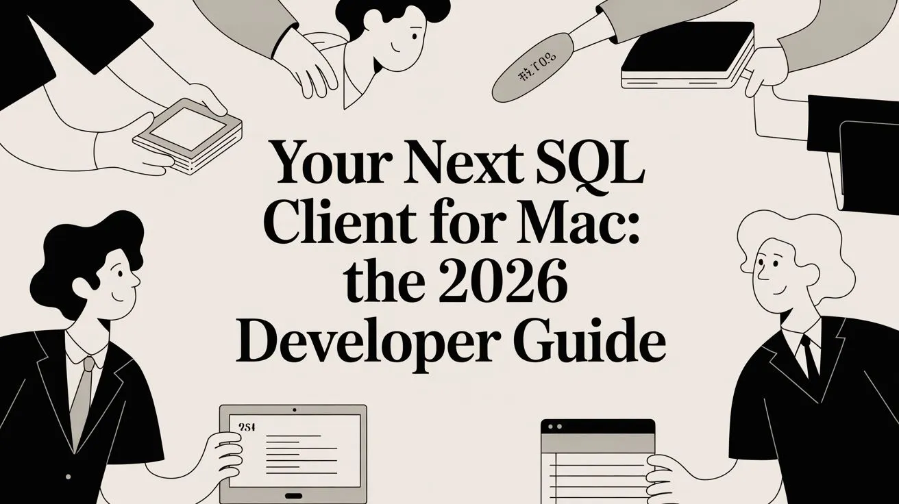 Illustration of a developer choosing a SQL client on macOS.